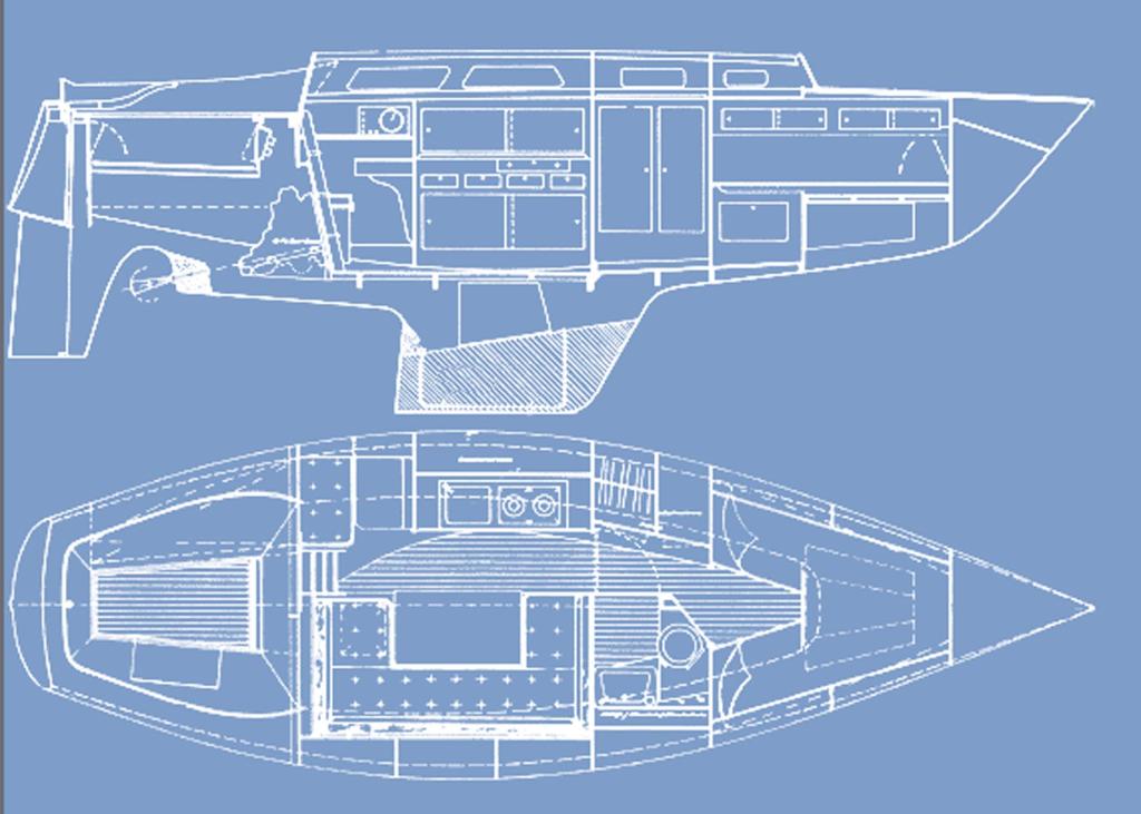 Innenansicht der Henningsen &amp; Steckmest Scalar 28 Baujahr 1974, 8.6 Meter lang, Zustand: sehr gut